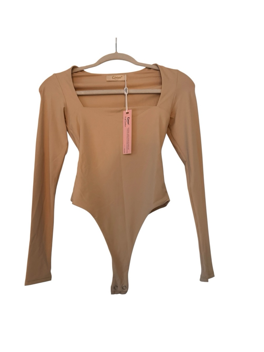 Qinsen Women's Square Neck Long Sleeve Bodysuit Size Extra Small XS Marzipan